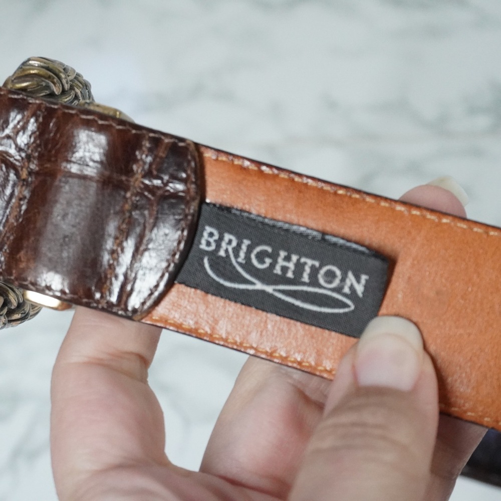VTG Brighton Brown Crocodile Embossed Leather Belt Silver Braided Buckle M 47209 - Picture 4 of 8